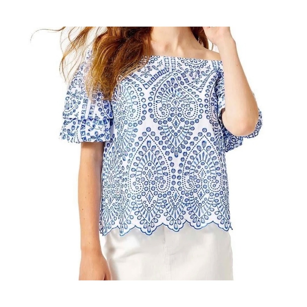 Lilly Pulitzer Lesley Top M Blue Eyelet Off Shoulder Coastal Preppy Garden Party